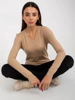 Dark beige women's classic sweater with neckline