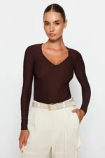 Trendyol Brown Ottoman Slim Stitching Detail V-Neck Stretchy Knitted Blouse