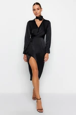 Trendyol Black Wrapped Woven Satin Elegant Evening Dress