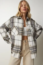 Happiness İstanbul Women's Beige Cream Patterned Oversized Stamp Lumberjack Shirt