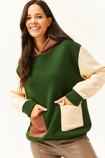 Olalook Women's Emerald Beige Color Block Fleece Inner Sweatshirt