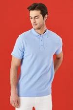 ALTINYILDIZ CLASSICS Men's Light Blue 100% Cotton Roll-Up Collar Slim Fit Slim Fit Polo Neck Short Sleeved T-Shirt.