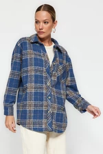 Trendyol Navy Blue Plaid Oversize/Creature Woven Shirt