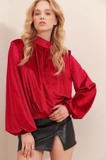 Trend Alaçatı Stili Women's Red New Year's Special High Collar Front Gathering Detailed Velvet Blouse