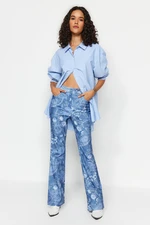 Trendyol Blue Denim Look Patterned Flare Woven Trousers