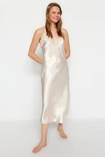 Trendyol Beige Satin Lace and Slit Detailed Woven Nightgown