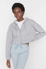 Trendyol Gray Zippered Hoodie, Relaxed-Cut Crop, Fleece Inside Knitted Sweatshirt