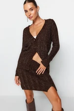 Trendyol Brown Glittery Skirt- Cardigan Knitwear Top and Bottom Set