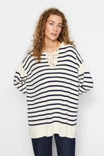 Trendyol Beige Comfortable Fit Striped Knitwear Sweater