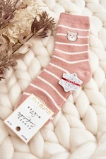 Women's warm striped socks with teddy bear, pink