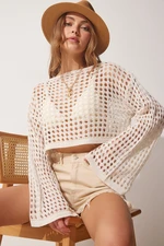 Happiness İstanbul Women's Cream Openwork Crop Knitwear Blouse