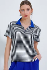 Bigdart Women's Saks Polo Neck Zippered Striped T-Shirt 0497