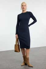 Trendyol Navy Blue Body-Styling Slit Crew Neck Midi Ribbed Flexible Knit Dress