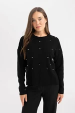 DEFACTO Regular Fit Crew Neck Stoned Black Knitted Sweater