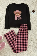 Trendyol Black 100% Cotton Teddy Bear Printed Plaid Knitted Pajama Set