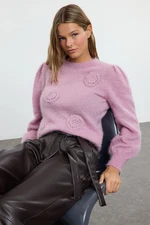 Trendyol Pink Fuzzy Flower Embroidered Knitwear Sweater