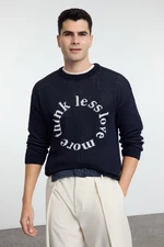 Trendyol Navy Blue Oversize Crew Neck Slogan Knitwear Sweater