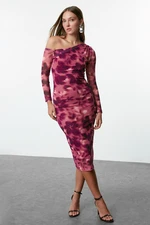 Trendyol Pink Abstract Pink Lined Asymmetrical Collar Knitted Dress