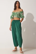 Happiness İstanbul Women's Emerald Green Linen Viscose Baggy Pants with Pocket