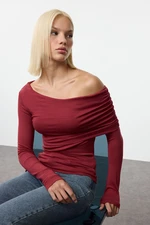 Trendyol Claret Red Asymmetric Collar Fitted/Fits Body Flexible Knitted Blouse