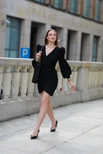 Black wrap dress with puff sleeves