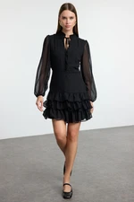 Trendyol Black Skirt Opening at Waist Stand Collar Chiffon Lined Woven Winter Dress