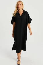 Cool & Sexy Women's Black Linen Midi Dress DMR85