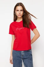 Trendyol Red 100% Cotton Motto Embroidered Regular/Regular Fit Knitted T-Shirt