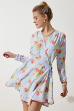 Happiness İstanbul Women's Sky Blue Floral Mini Wrap Chiffon Dress