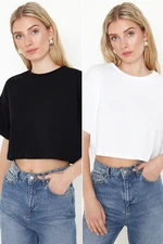 Trendyol Black-White 2 Pack 100% Cotton Relax/Comfortable Cut Crop Knitted T-Shirt