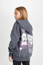 DEFACTO Girl Ecru Oversize Fit Wide Mold Back Printed Hooded Sweatshirt