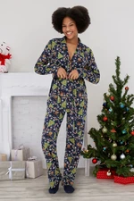 Trendyol Navy Blue Belted 100% Cotton New Year Themed Shirt-Pants Knitted Pajama Set