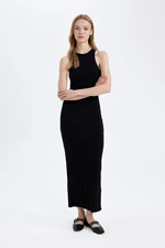 DEFACTO Bodycon Halter Neck Basic Plain Ribbed Camisole Sleeveless Maxi Black Dress