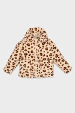 DEFACTO Baby Girl Shirt Collar Zippered Leopard Patterned Welsoft Plush Cardigan