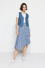 Trendyol Indigo Patterned Flounce Asymmetric High Waist Midi Flexible Knitted Skirt