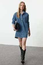 Trendyol Blue Stitch Detailed Mini Denim Shirt Dress