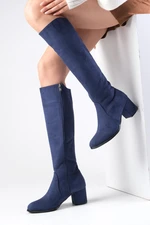 Mio Gusto Bella Navy Blue Side Zipper, Thin Faux Für Lined Women's Heeled Boots