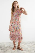 Trendyol Pink Floral Print A-Cut Midi Lined Chiffon Woven Dress