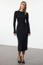 Trendyol Navy Blue Plain Gathered Midi Body-Smoothing Flexible Knit Dress