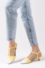 Mio Gusto Emilia Yellow White Women's Short Heeled Shoes with Open Back.