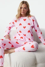 Trendyol Pink 100% Cotton Heart Knitted Pajama Set