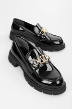 Shoeberry Women's Alto Black Patent Leather Buckle Detail Loafer