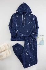 Trendyol Curve Navy Blue Hooded Galaxy Patterned Fleece Knitted Pajama Set