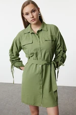 Trendyol Khaki Pocket and Gather Detailed Mini Woven Shirt Dress