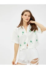 Koton Linen Blend Palm Embroidered Crop Shirt