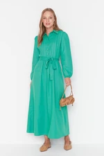 Trendyol Green Shirt Collar With Crimped Pleats Detailed Woven Belted Dress