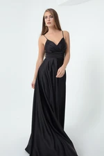 Lafaba Women's Black Rope Strap Satin Long Evening Dress with Waist Belt & Graduation Dress