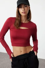 Trendyol Burgundy Crop Window/Cut Out and Thumb Hole Detailed Knitted Sports Top/Blouse