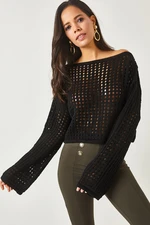 Olalook Women's Black Spanish Sleeve Openwork Crop Knitwear Blouse