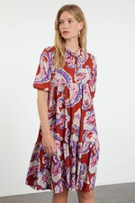 Trendyol Orange Floral Printed V Neck Skirt Ruffle Balloon Sleeve Knitted Flexible Midi Dress